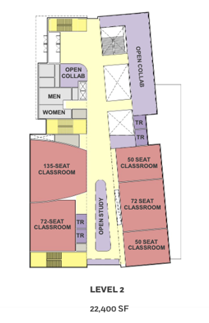 Level 2 floor plan showing classrooms, student study spaces, and building services