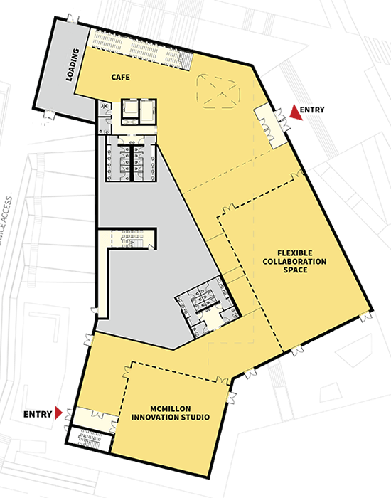 Level 1 floor plan showing cafe, event spaces, and building services