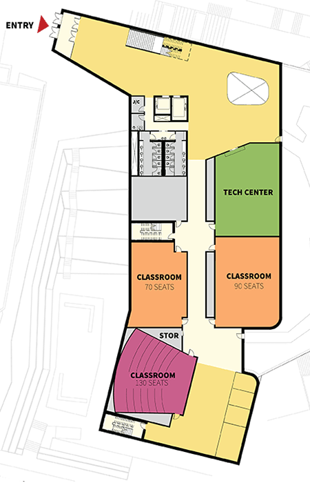 Level 2 floor plan showing classrooms, tech center, entry open study, and building services