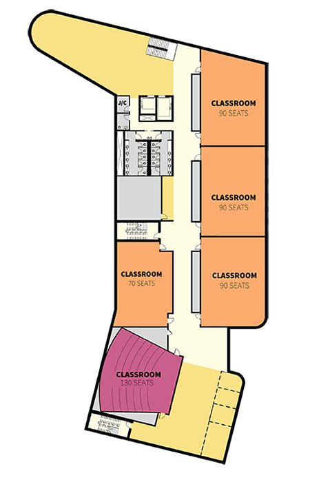 Levels 3-4 floor plan showing classrooms, student meeting spaces, and building services