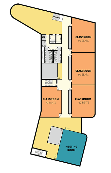Level 5 floor plan showing classrooms, board room, student meeting spaces, and building services