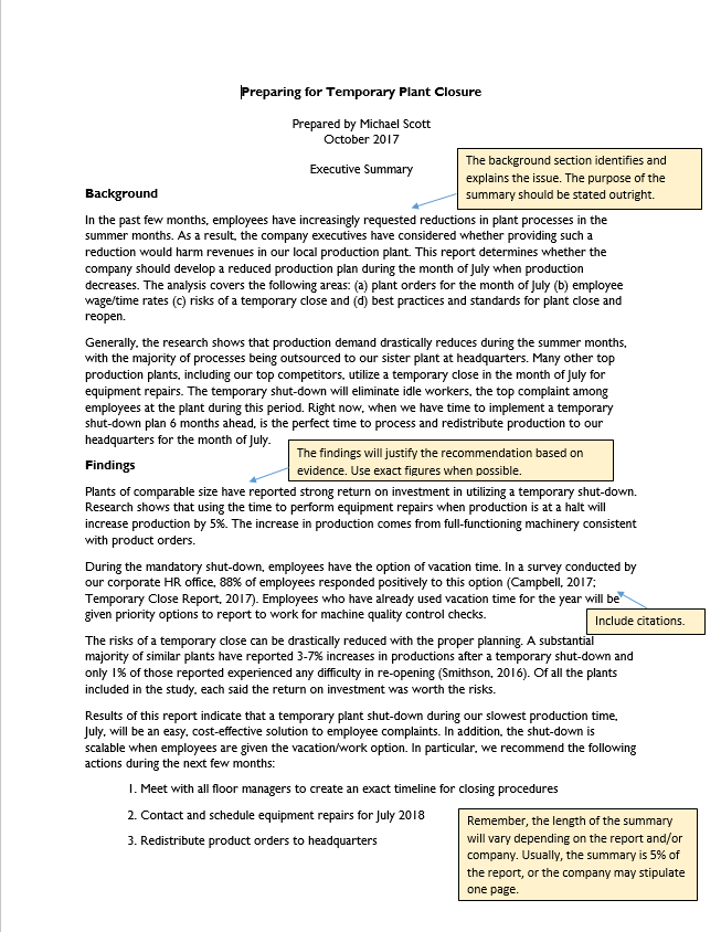 A sample written executive summary of an individual with yellow boxes hilighting annotations of the writing.