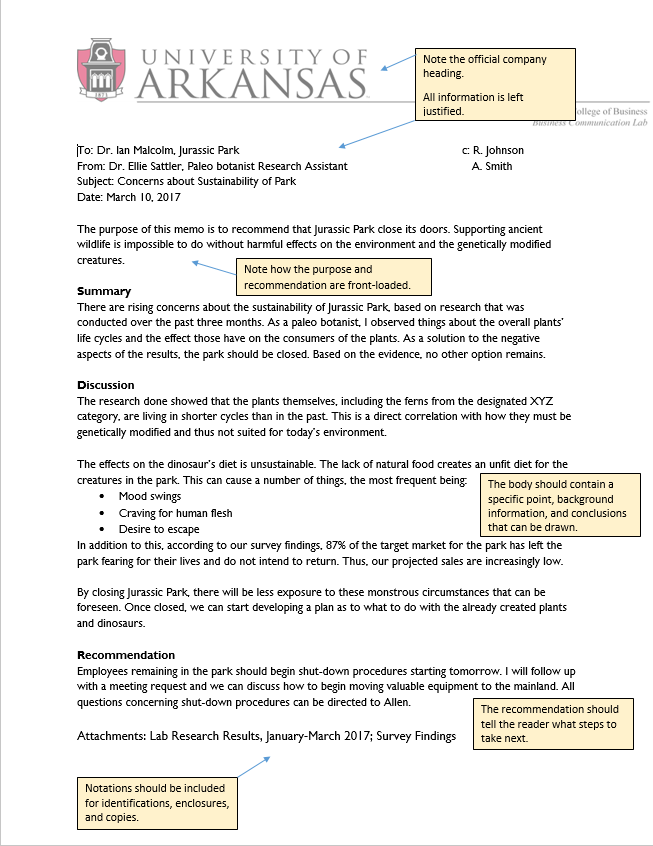 A typed sample of a memo with yellow boxes including annotations of the document.