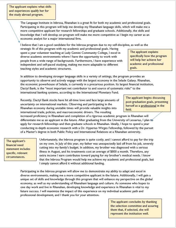 The document lays out a sample personal statement from a student with yellow boxes including annotations for the writer.