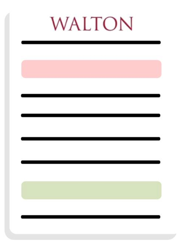 An image replicating a Walton Academic Advising Worksheet, with "WALTON" in all red at the top, a red and green bar between black bars.