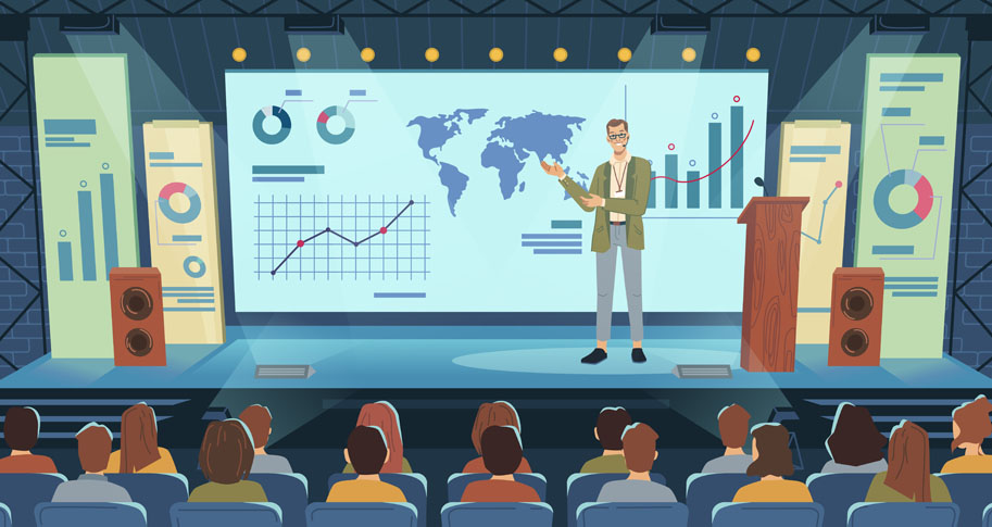 Animated photo of man giving a speech with analytics