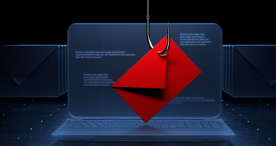 Phishing concept; A red envelope and hook in front of a computer. Article: 