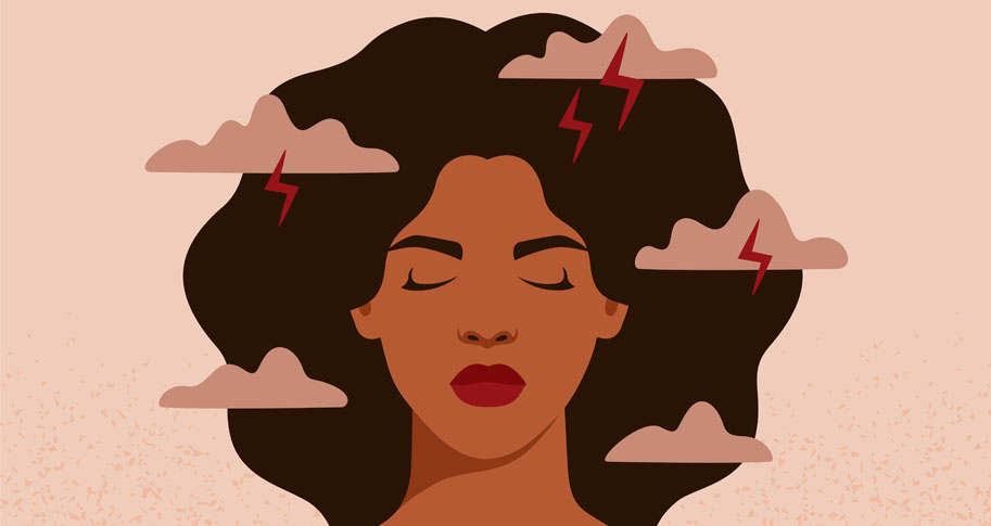 African American woman feels anxiety and emotional stress. Thunder clouds surround woman's head.