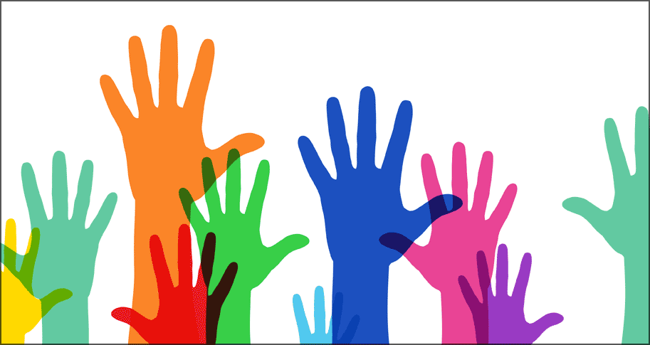 Colorful hands raised