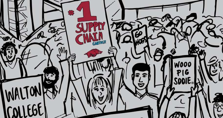 Animated group crowd with female holding "#1 Supply Chain (Gartner)" sign