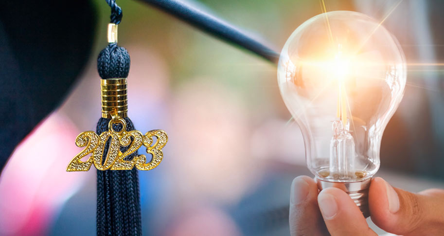 2023 graduation tassel and someone holding a lightbulb; Article: "What CEOs Want Grads To Know" by Stephen Caldwell