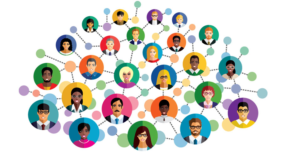 Cluster of avatars in a networking bubble; Walton Insights Article: "What Kind of Networker Are You? " by Mitchell Simpson with research by Alan Ellstrand