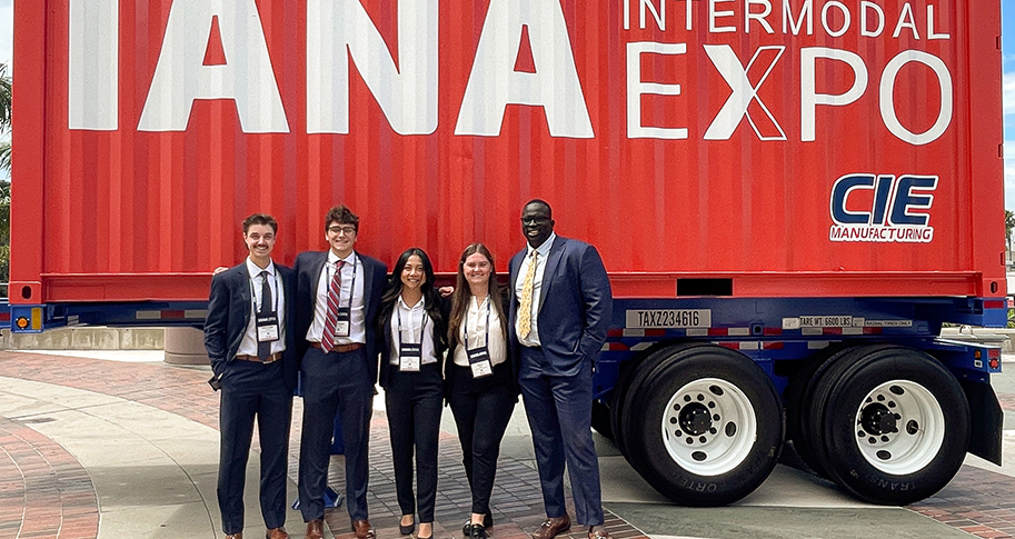 (L-R) Supply chain students Ben Blaine, Matthew Grierson, Lily Raccasi, Ella Knee and Bart Bartholomeo.