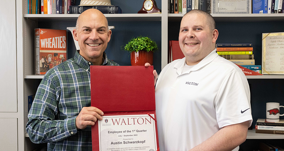 Austin Schwarzkopf, administrative specialist III in the Undergraduate Programs Office, has been named employee of the first quarter by the Sam M. Walton College of Business. 