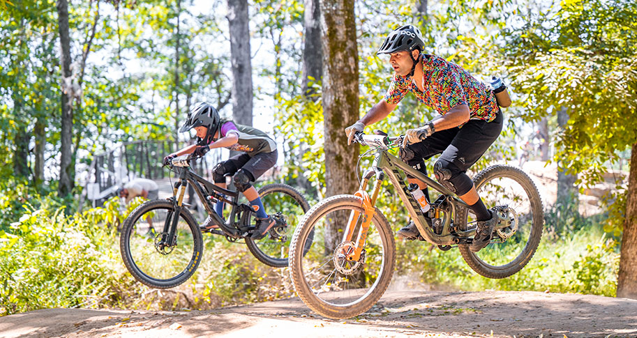 Two bikers hit the trail.