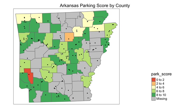 Map showing parking scores for Arkansas counties.