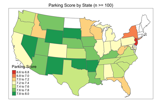 Map showing each state's parking score.