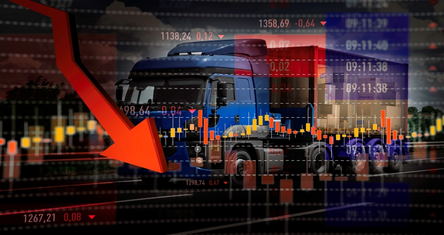 Images suggesting falling stock prices are superimposed over a semi-truck