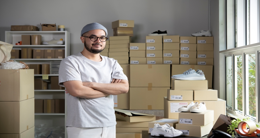 Man standing in front of a stack of sneakers boxes and a laptop