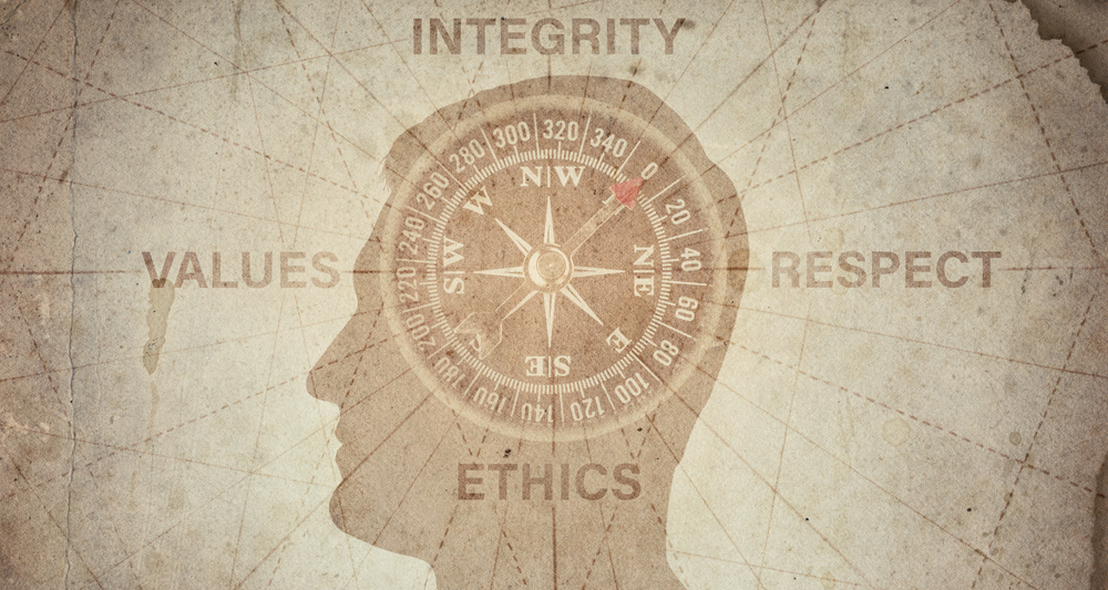 Business integrity crisis, compass reading: Integrity, Respect, Ethics and Values