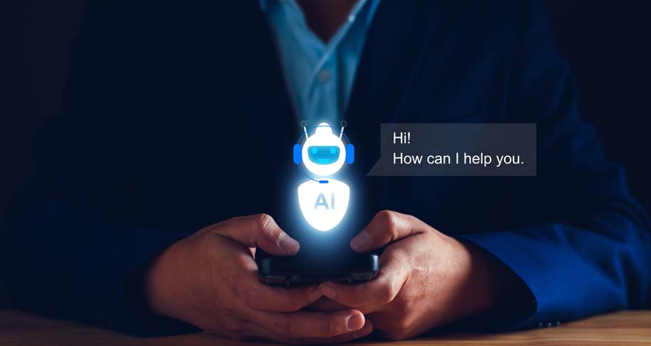 Business man using a smartphone with AI asking "Hi! How can I help you."