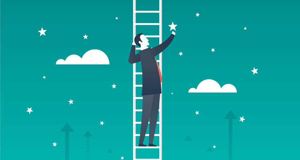 Businessman on a ladder, reaching for the stars