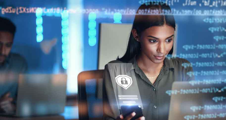 Women working on computer with digital overlay on image