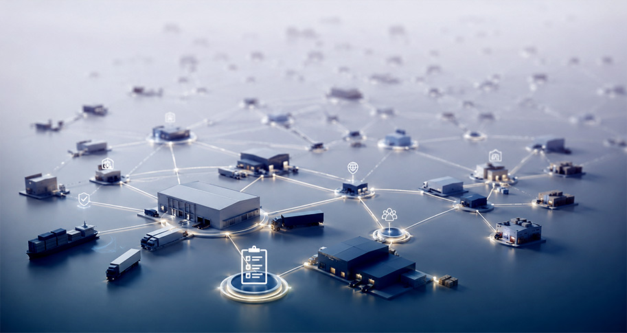 Digital illustration of a networked supply chain with buildings interconnected by glowing lines, symbolizing logistics and connectivity in a modern, futuristic style.