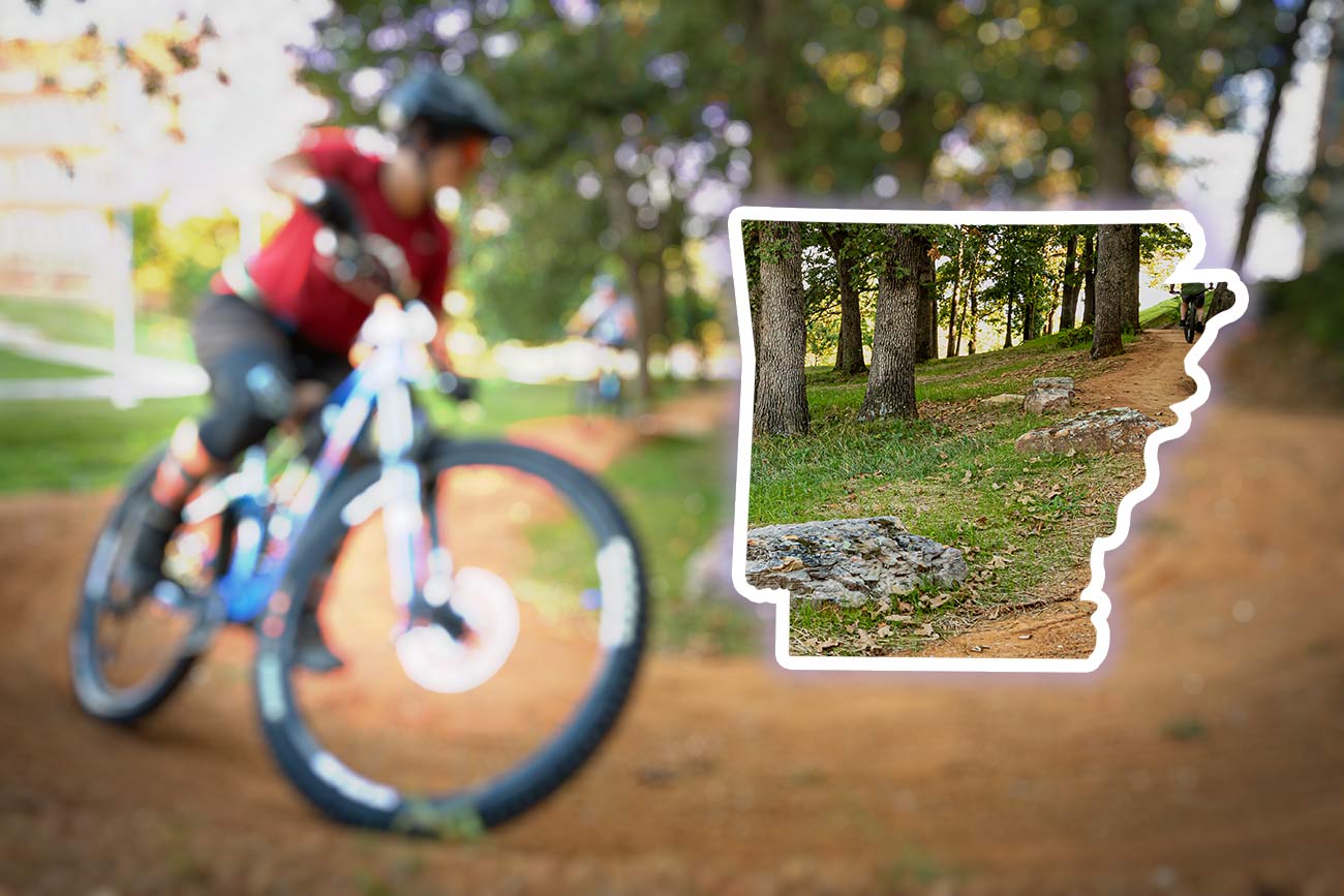 Mountain Biker, showing outline of the state of Arkansas